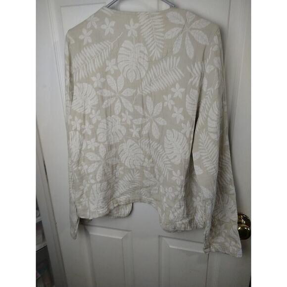 Tahari Linen Blend White Brown Open Long Sleeve Leaf Print Pocket Blazer Size L - Picture 7 of 9